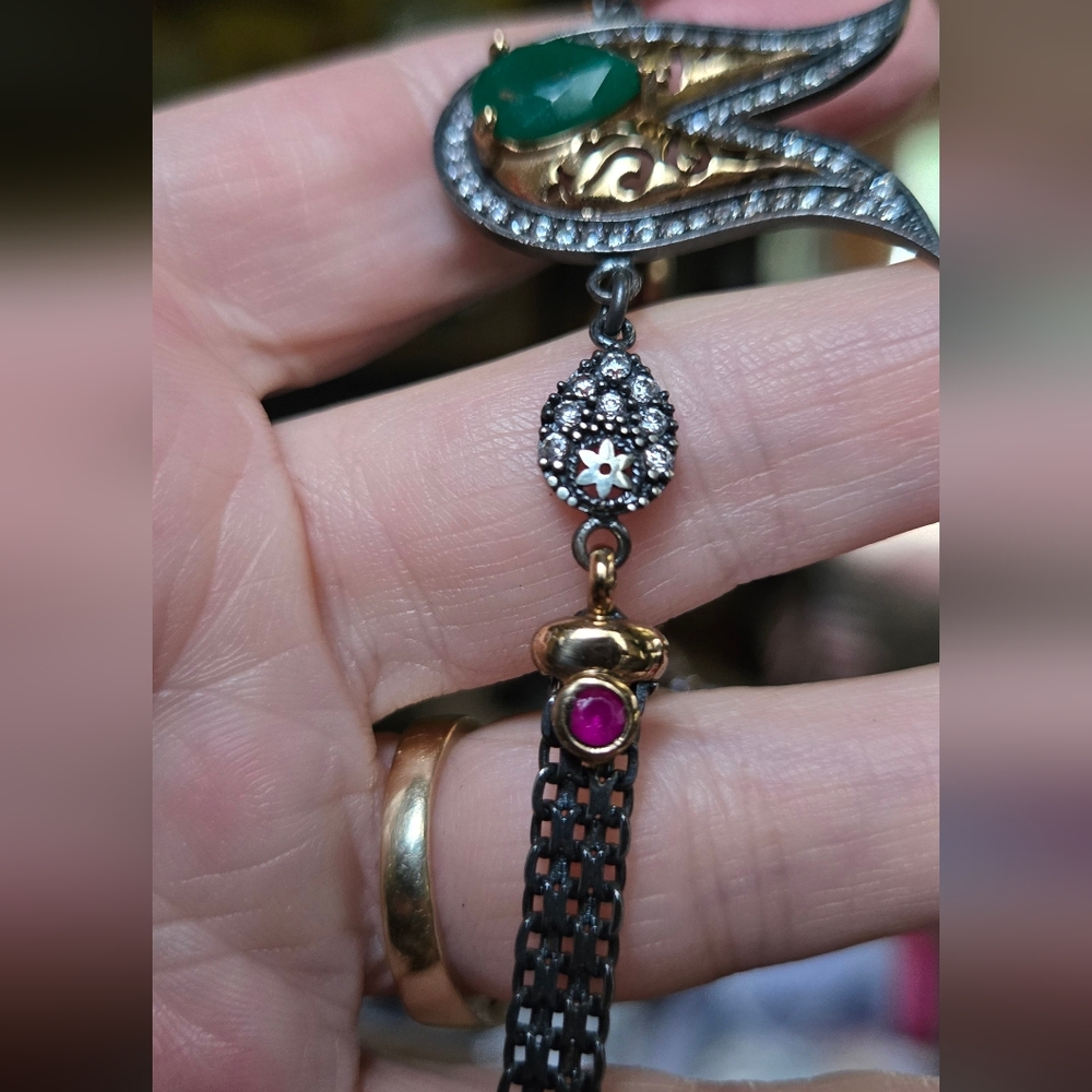 Emerald Ruby & Topaz sterling rhodium & gold Turkish style bracelet NEW - Picture 7 of 13